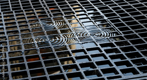 Ripples Forming on a Grate After the Rain Creates Geometric Reflections