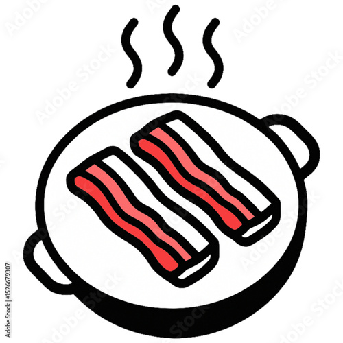 Minimal line icon of grilled pork belly (samgyeopsal) on a pan with steam, isolated on transparent background. Perfect for Korean BBQ, restaurant, food, and cooking themes. Vector illustration.