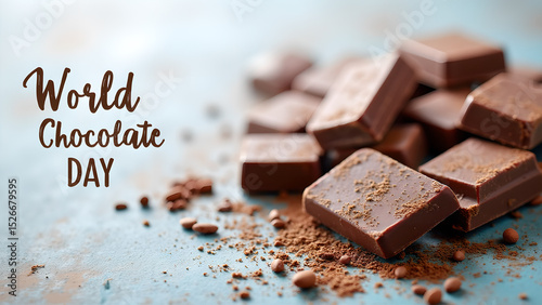 Celebrate World Chocolate Day with Delicious Chocolate Pieces on a Blue Surface