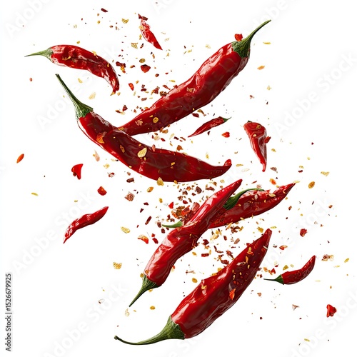 Fototapeta Naklejka Na Ścianę i Meble -  Spicy chili peppers and spices in motion.  Red chili peppers,  scattered and flying in the air, with spice flakes
