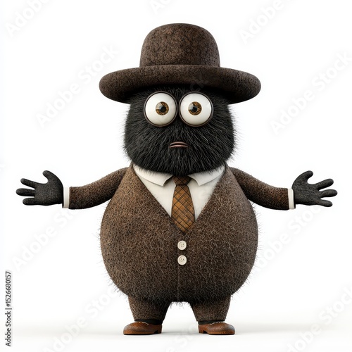 Brown Furry Creature in Suit and Hat, 3D Rendered Illustration