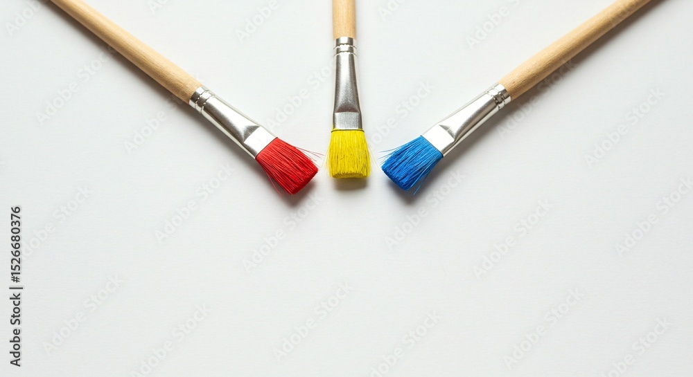 Obraz premium Three paintbrushes with primary colors (red, yellow, and blue) placed on a clean white surface