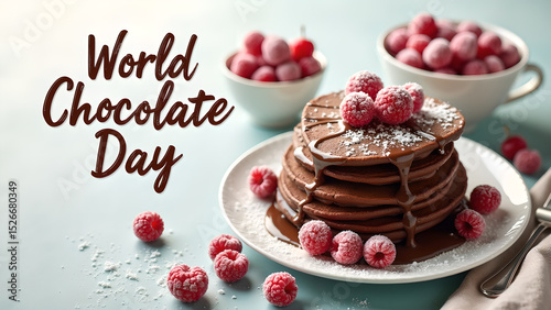 Celebratory Image of World Chocolate Day Featuring Pancakes and Raspberries