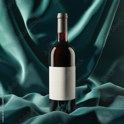 Wallpaper Mural A dark elegant wine bottle standing upright on a soft, cream-colored fabric background, with soft natural lighting casting gentle shadows. High quality photo Torontodigital.ca