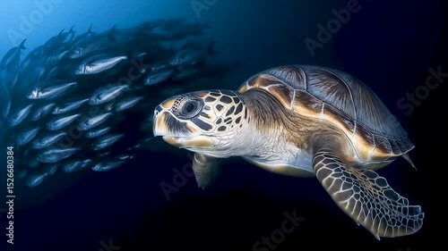 Oceanic Alliance: A majestic sea turtle glides gracefully through the deep blue, accompanied by a swirling school of fish. Witness the harmony of marine life and the mysteries of the underwater world.