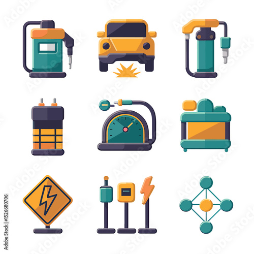 vector icons to vehicle fueling and charging a gasoline pump, an electric vehicle plug hydrogen mole