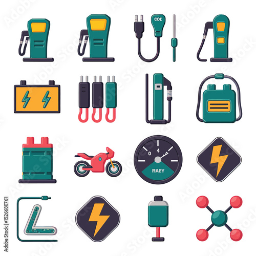 vector icons to vehicle fueling and charging a gasoline pump, an electric vehicle plug hydrogen mole
