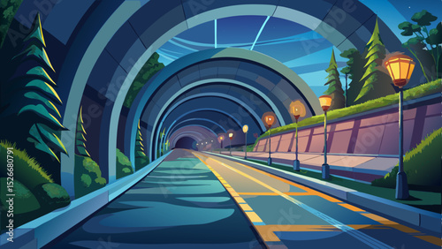 Long, curved concrete tunnel with a paved walkway, illuminated by artificial lights, leading to a distant exit