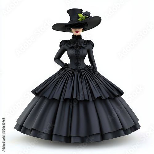 Elegant Woman in Black Gown and Wide Brim Hat Studio Portrait