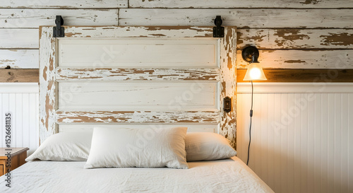 Distressed Door Headboard In A Rustic Bedroom With Wall Mounted Lamp