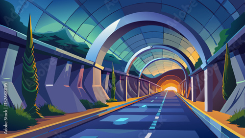 Long, curved concrete tunnel with a paved walkway, illuminated by artificial lights, leading to a distant exit