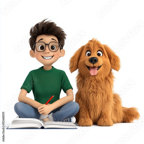 Happy Boy and Golden Retriever Doing a Word Puzzle Together