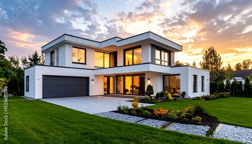 Modern House Sunset Suburban Landscape.