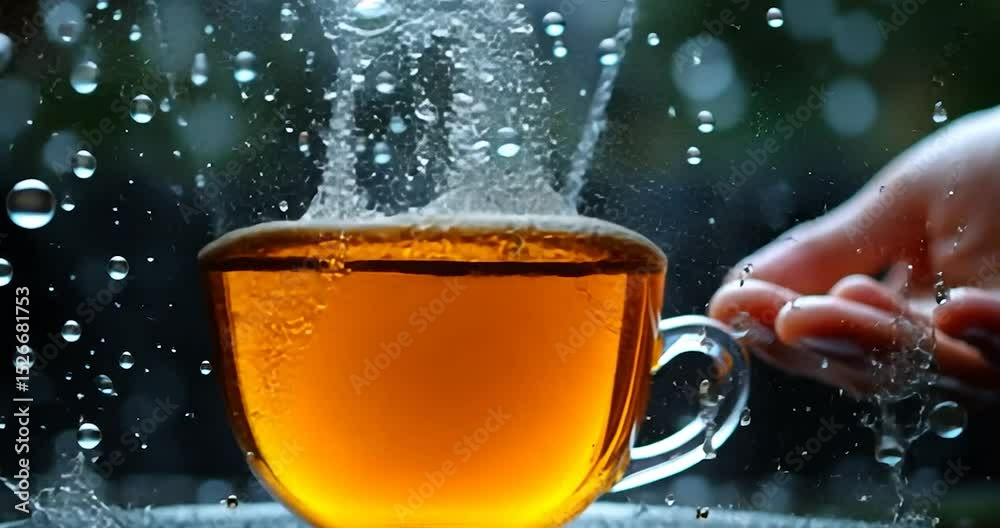 Close-up view of beverage splashing into a clear glass cup, with raindrops and a hand. A vibrant, close-up view of beverage splashing into a clear glass cup, with raindrops and a hand. Focus on water