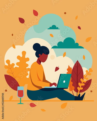 The sound of a keyboard typing blends in with the rustling of the vineyard leaves as the laptop user enjoys a productive day amidst the tranquil setting of the patio.. Vector illustration