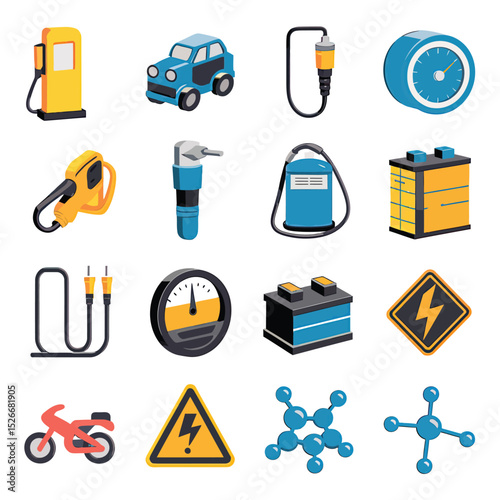vector icons to vehicle fueling and charging a gasoline pump, an electric vehicle plug hydrogen mole