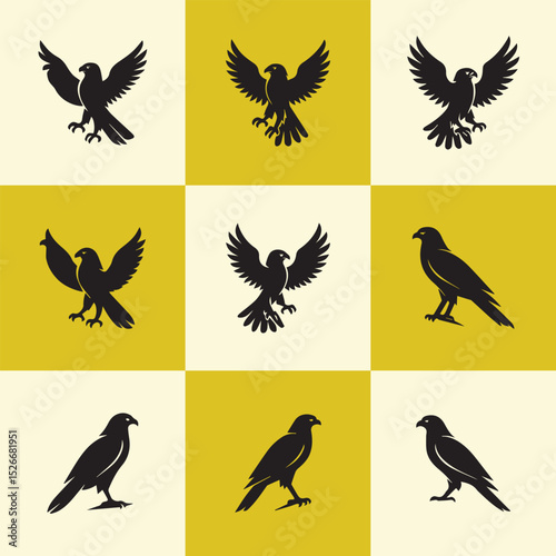 Set of nine vector bird illustrations in a minimalist style, ideal for icons, logos, patterns, and decorative graphic designs.