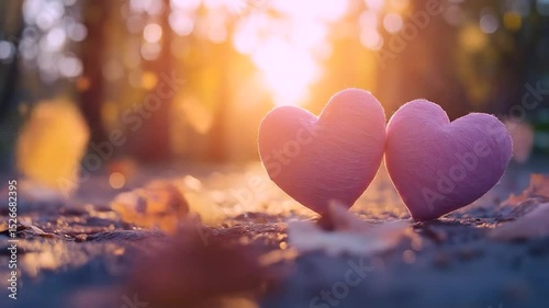 Love's Embrace: Two plush hearts nestled together in a radiant display of affection, illuminated by a warm, golden light, in a scene that speaks volumes of tenderness and devotion.