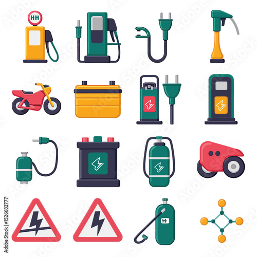 vector icons to vehicle fueling and charging a gasoline pump, an electric vehicle plug hydrogen mole