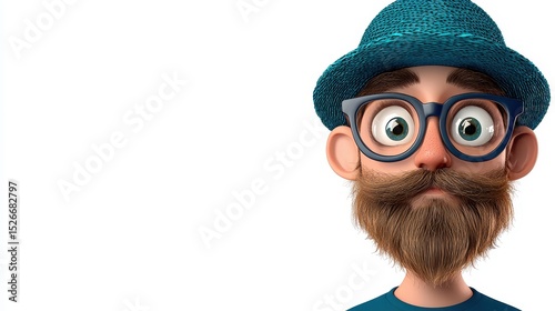 Surprised Cartoon Man with Beard in Blue Hat and Glasses