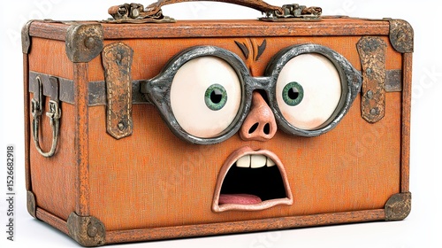 Surprised Vintage Suitcase with Glasses on White Background