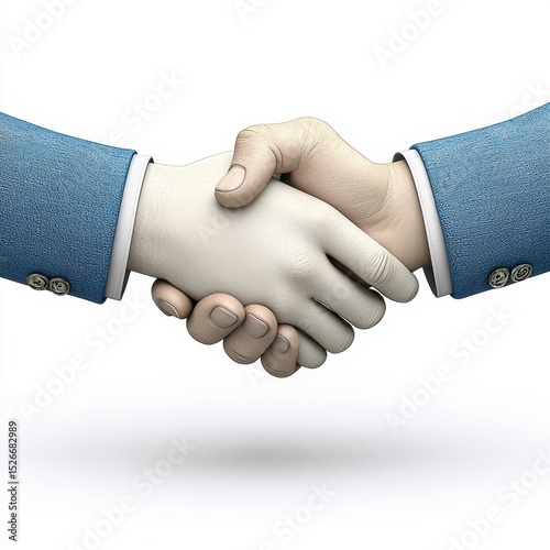 Textured Handshake Blue Suits, White Background Partnership Concept