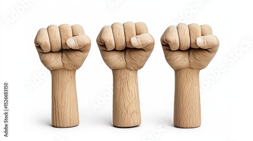 Three Textured Brown Fists Raised in Unity Against White Background