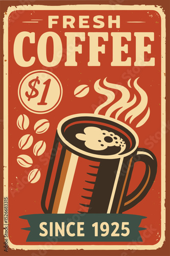 Fresh brewed coffee retro sign – vintage coffee cup design for cafe bar wall decoration