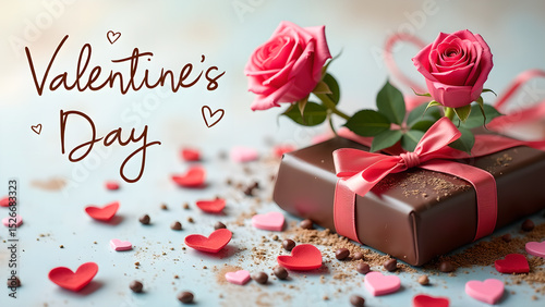 Elegant Valentine's Day Chocolate Gift with Roses and Heart Confetti Display