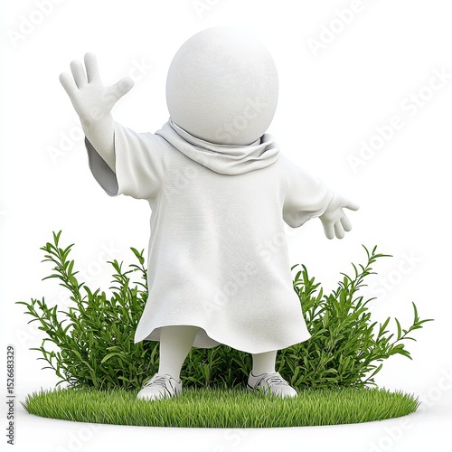 White Pixelated Figure in Robe Waving Amidst Green Vegetation