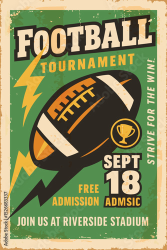 American football retro poster – vintage tournament flyer with rugby ball, trophy, and speed trails