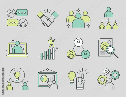 Colorful business icons set with teamwork, communication, leadership, idea, success, growth and planning. Flat style line icons.Perfect for web, app, presentation and office design.Vector illustration