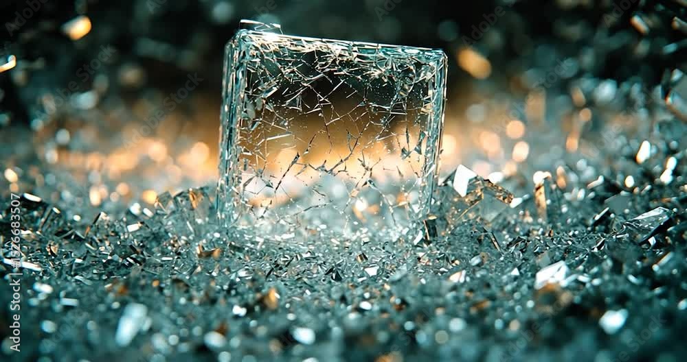 Transparent Square Ice Block Floating Over Ice Shards Background and Warm Lighting with Blurry Bokeh Effect
