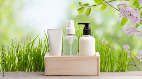 A rustic light wood crate holding three generic cosmetic bottles delicate green leaves  Bright, airy, clean product photography with a touch of nature.