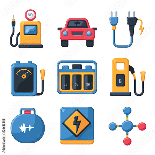 vector icons to vehicle fueling and charging a gasoline pump, an electric vehicle plug hydrogen mole