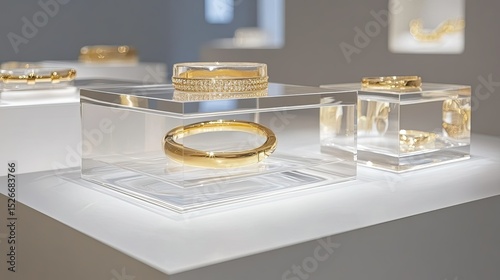 Gold bracelets displayed on acrylic pedestals
