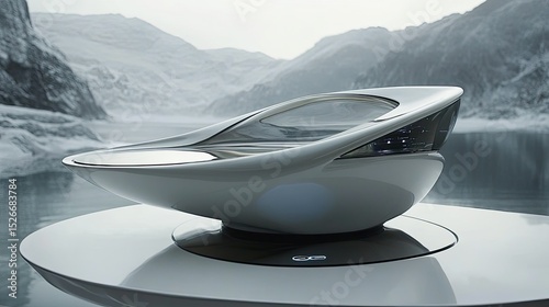 Futuristic, white pod on a platform by a frozen lake
