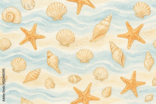 Coastal calm seamless pattern with seashells