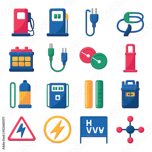 vector icons to vehicle fueling and charging a gasoline pump, an electric vehicle plug hydrogen mole
