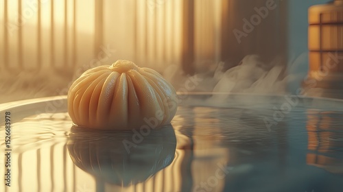 Steamed bun in a water bath, warm sunlight