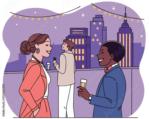 A rooftop party in a modern city at night with friends