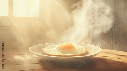 Sunny-side-up egg steaming on a wooden table, bathed in sunlight
