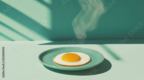 Fried egg on teal plate, steaming, mint backdrop with shadows