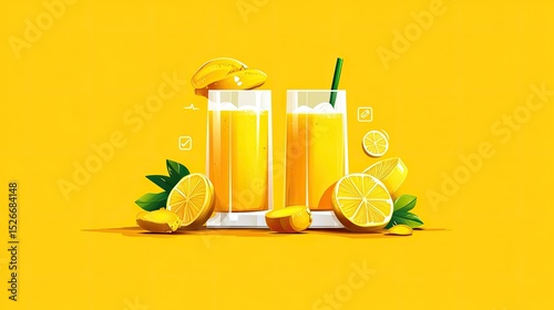 Two glasses of vibrant yellow juice, garnished with lemons and leaves