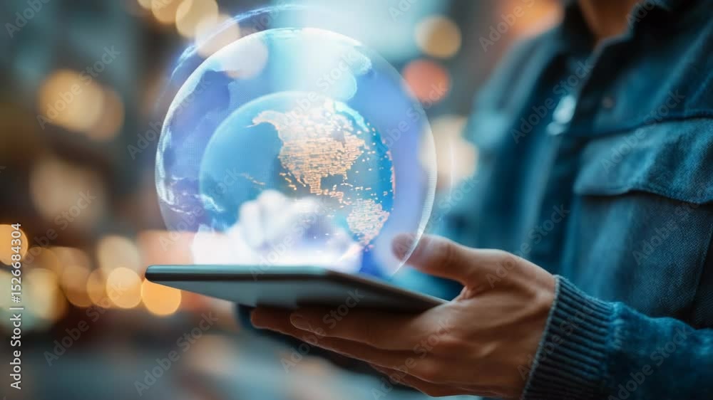 A person holds a tablet displaying a holographic globe, symbolizing the integration of technology and the digital world. The image captures innovation and global connectivity.
