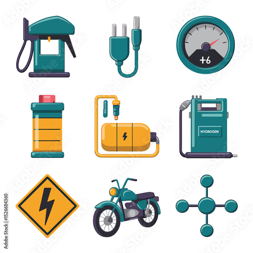 vector icons to vehicle fueling and charging a gasoline pump, an electric vehicle plug hydrogen mole