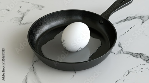 Single egg in a black frying pan,  puddle of liquid