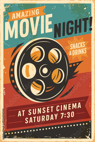 Movie festival retro poster – vintage cinema banner with film roll vector illustration