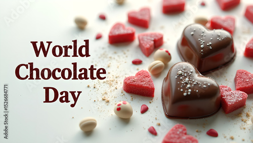 Festive World Chocolate Day Still Life with Heart-Shaped Candies and Text