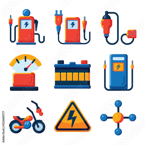 vector icons to vehicle fueling and charging a gasoline pump, an electric vehicle plug hydrogen mole